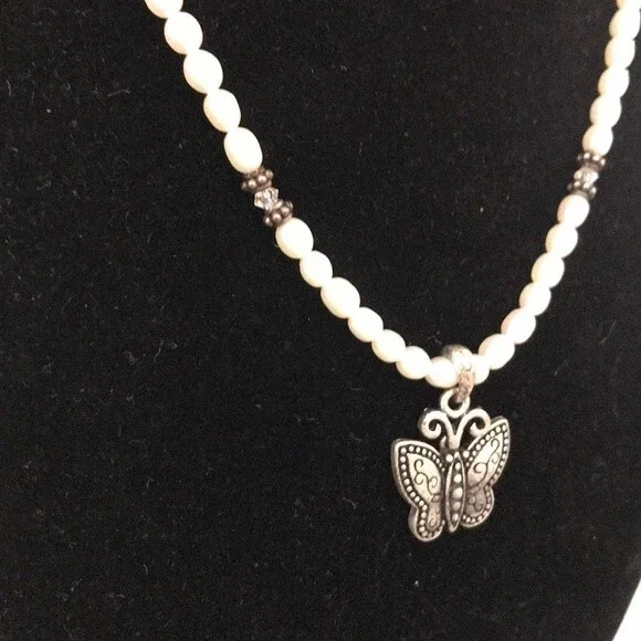 Vintage Handmade Sterling Silver Butterfly Pearl Swarovski Crystal Necklace 16 - Picture 4 of 8